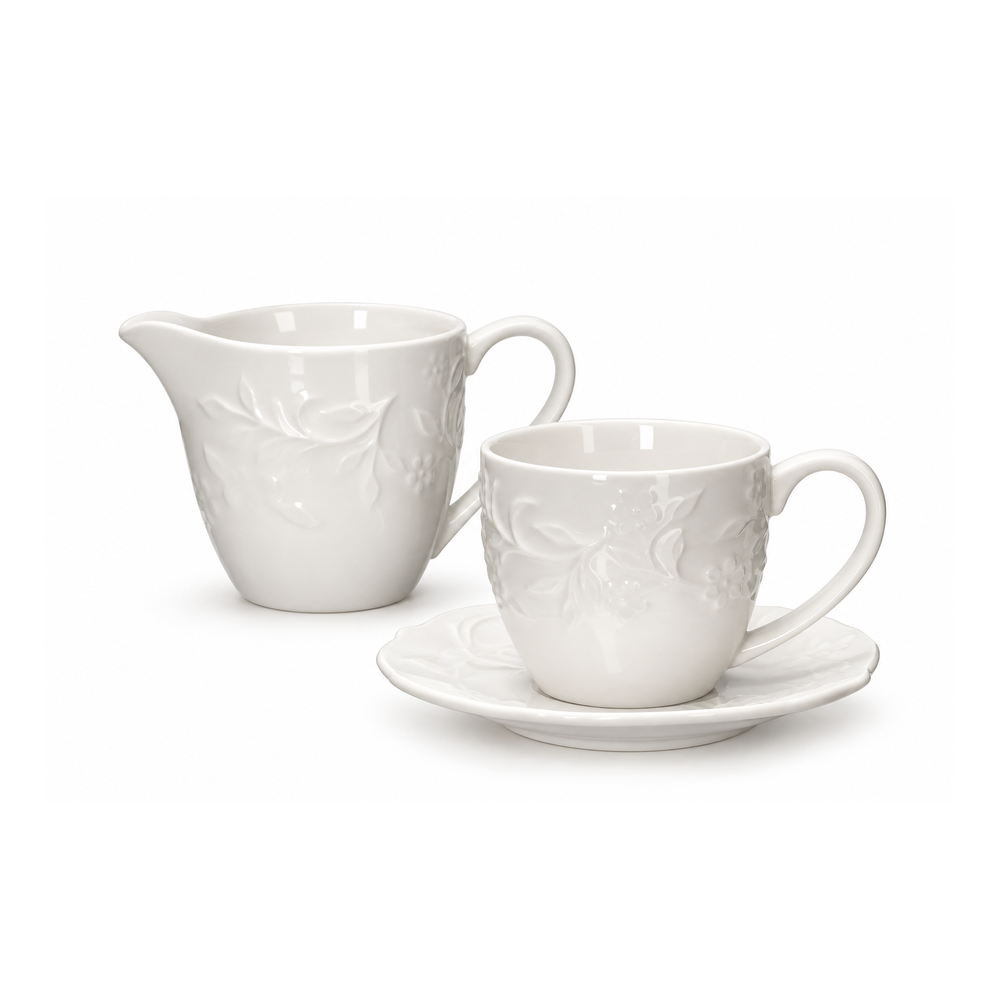 SET LECHERITO EMBOSS 280ML BLANCO + TAZA/PLATO EMBOSS 250ML