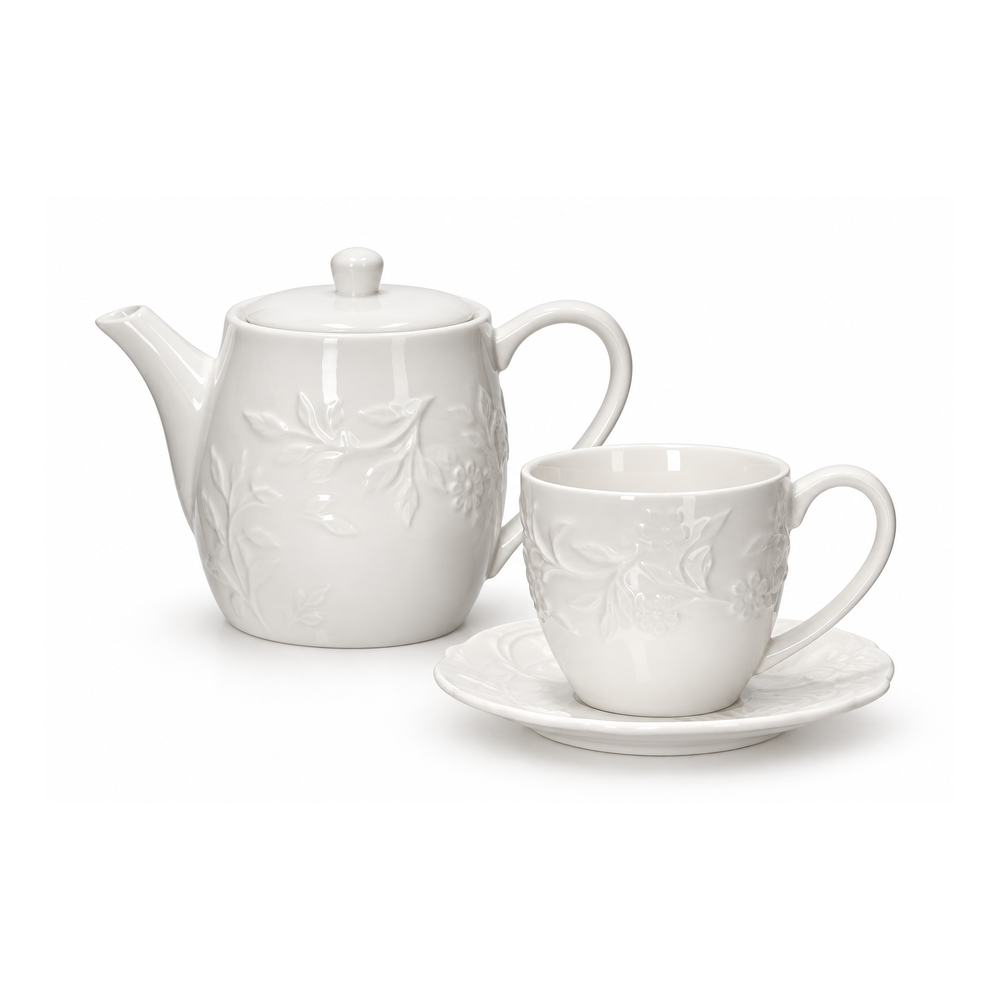 SET TETERA EMBOSS 1300ML BLANCO + TAZA/PLATO EMBOSS 250ML
