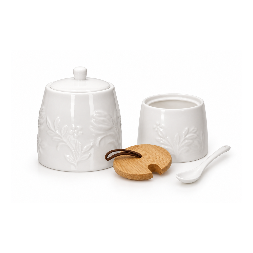 SET AZUCARERO EMBOSS 280ML BLANCO + MERMELADERO CERAMICO  BLANCO/TAPA EN MADERA
